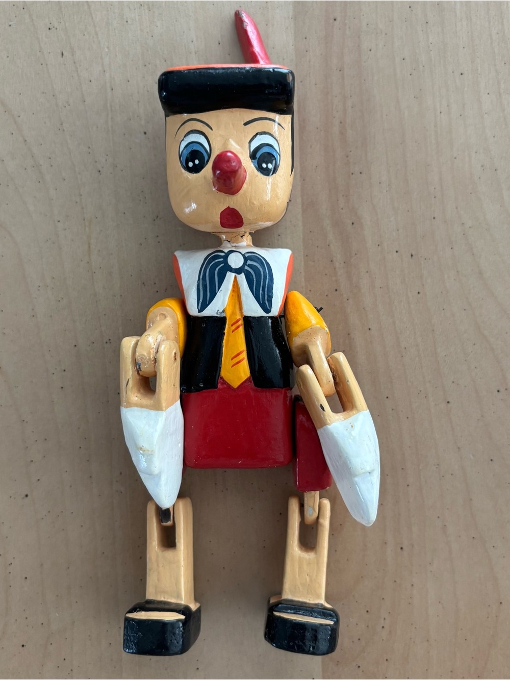 Vintage Wooden Articulating Pinocchio Shelf Sitter Rustic Painted Hand Painted